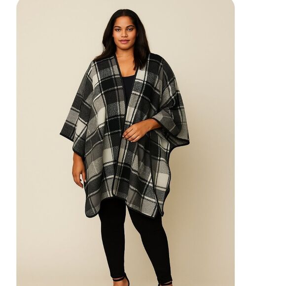Eivissa Blanket Open Front Cozy Fleece Plaid Blanket Scarf Poncho, OS - Picture 1 of 9